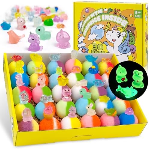 Bath Bombs for Kids with Toy Inside, 30 PCS Natrual and Organic Bubble Bath Bombs with Glow-in-The-Dark Surprise Inside, Perfect Handmade Birthday, Party, for Boys and Girls.