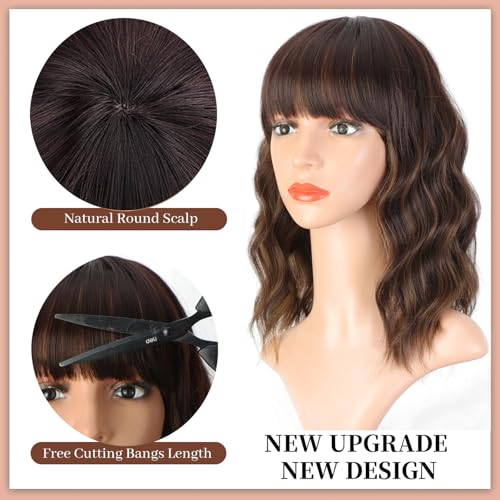 ENTRANCED STYLES Brown Highlight Wig with Bangs for Women Short Wavy Curly Brown Bob Wigs Medium Length 14 inch Synthetic Hair for Daily Party Use