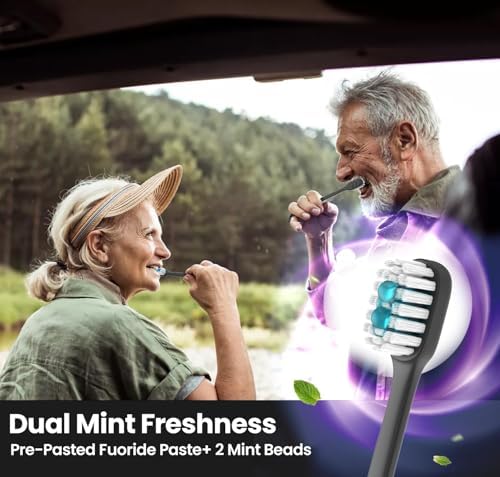 5 in 1 Disposable Toothbrushes with Toothpaste, Pre-Pasted Mint Toothpaste, 2 Mouthwash Beads, Floss, Pick, Tongue Scraper | Individually Wrapped Mini Toothbrush for On-The-Go Oral Care(24 Count)