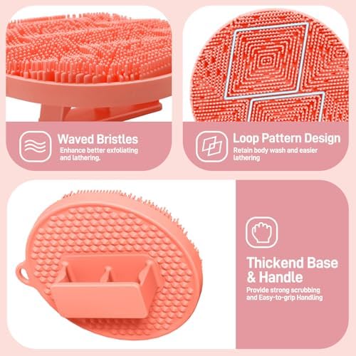 Silicone Face/Body/Back Scrubber Set, 15.35’’ Soft Back Scrubber for Shower with Dual-Side Brush Head, Silicone Body Scrubber Facial Scrubber with Dense Bristles and Non-Slip Handle(Pink-3PCS)