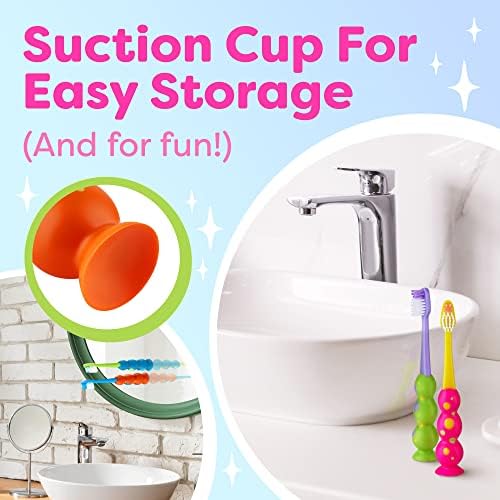 Kids Toothbrush 4 Pack - Soft Bristles with Suction Cup - Toothbrush Kids, Child Sized Brush Heads, 3-10 Year Old Kid Toothbrush with Easy Storage - Toddler, Girl and Boy Set (4-Pack, Multi-Color)