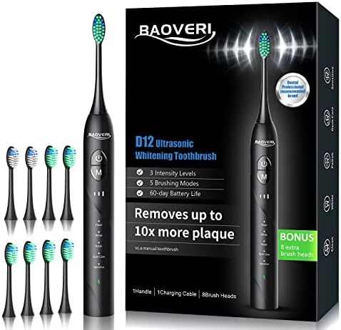 BAOVERI Electric Toothbrush with 8 Brush Heads for Adults&Kids, Ultrasonic Electric Toothbrushes, 5 Modes & 3 Intensity Levels, 2 Minutes Smart Timer, 4 Hours Fast Charge for 60 Days