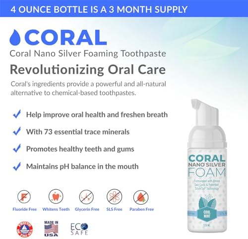 Coral Nano Silver Foaming Toothpaste, Natural Fluoride Free Toothpaste, SLS and Glycerin Free, Cool Mint, 4 Ounce