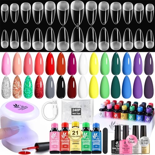LAVENDER VIOLETS Gel Nail Kit 240 Pcs Short Almond Nail Tips Extension, 21 Gel Colors with Portable U V Light, Nail Glue Base/Glossy/Matte Top Coat for Women Girls VC17