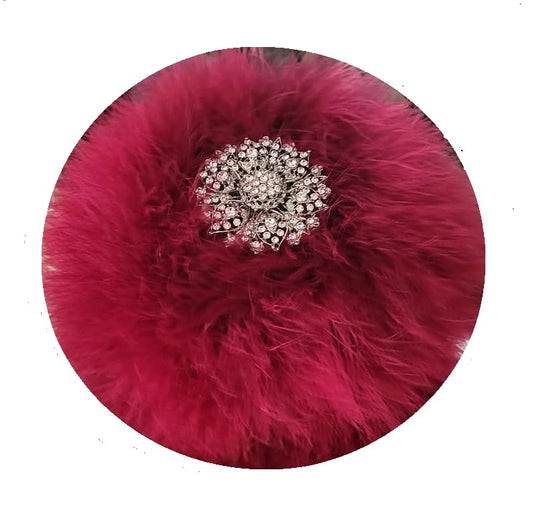 Scarlet Red Down Feather Trimmed Ivory Faux Fur Puff Body Dusting Powder Rhinestone Embellished Handle