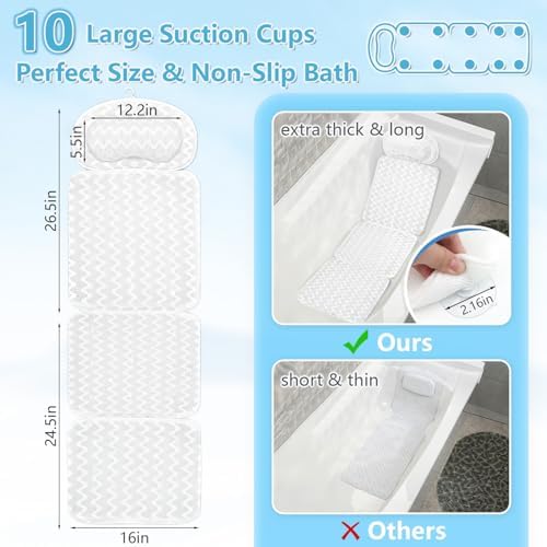Bath Pillow Bathtub Pillow Washable Full Body Bath Pillows for Tub Neck and Back Support Spa Bath Cushion Tub Pillow Headrest with Comfort 4D Air Mesh and 10 Powerful Suction Cups for Women Relaxing