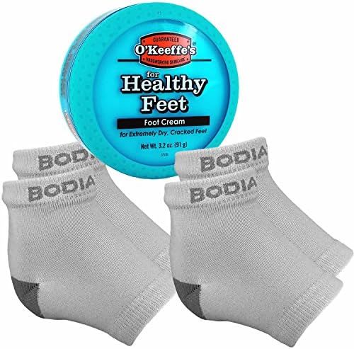 Dry Cracked Heels Repair Bundle with Open Toe Moisturizing Silicone Gel Heel Socks (2 Pairs, Gray) and O’Keeffe’s Healthy Feet Cream Jar for Home Foot Skin Care