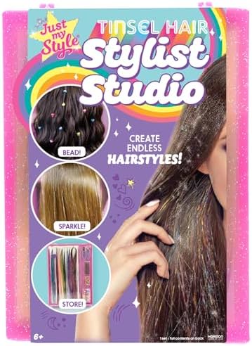 Just My Style Tinsel Hair Stylist Studio, Fairy Hair Tinsel Kit, 9 Colorful Tinsel Strands & Hair Beading Tool, Hair Extensions for Kids, Fun Hair Accessories for Teens, Great Gifts for Preteens