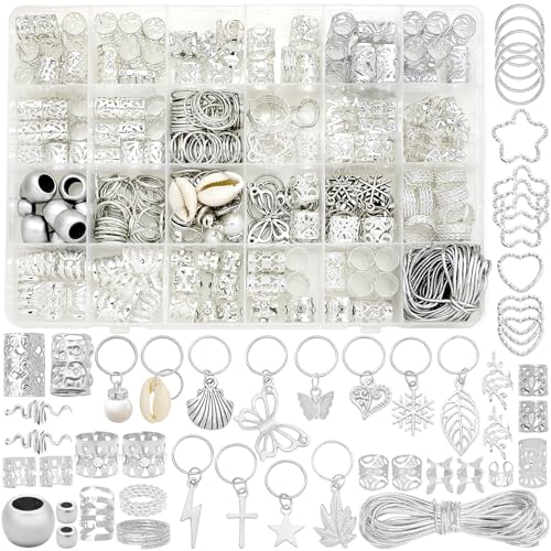 Fscwlmon 309Pcs Hair Jewelry for Women Braids,Hair Loc Cuff Coils Rings for Dreadlock Accessories,Locs Hair Tube Beads Decorations,Braid Clips Hair Charms Braids Accessories Silver