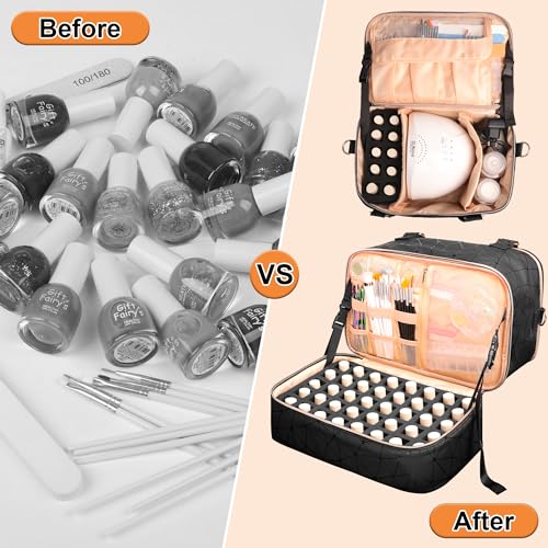Nail Polish Organizer Bag Holds Nail Lamp& 50 Bottles (15ml/0.5fl.oz), PU Leather Nail Supplies Organizer Case with Shoulder& Holder Strap, Travel Nail Kit Storage for Manicure Tools (Black)