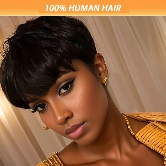 Pixie Cut Wig Human Hair Short Pixie Cut Wigs for Black Women Human Hair Glueless Pixie Wig Short Layered Brazilian Virgin Human Hair Wigs For Women Color 1B#