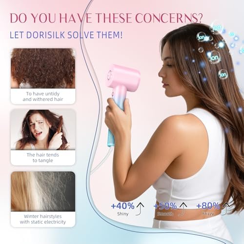 DORISILK Ionic Hair Dryer 110,000 RPM High Speed, Professional Blow Dryers for Salon Home Use, Portable Blowout Hair Dryers Lightweight with Nozzle Hot & Cold Selection Gift for Women Girl, Pink Blue