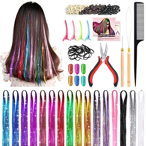 Mckanti 16 Colors Hair Tinsel Kit with Tool, 47 inch 3200 Strands Tinsel Hair Extensions for Women Girls, Fairy Hair Tinsel Glitter Sparkling Shiny Colorful Synthetic Hair for Party Daily Life Fashion