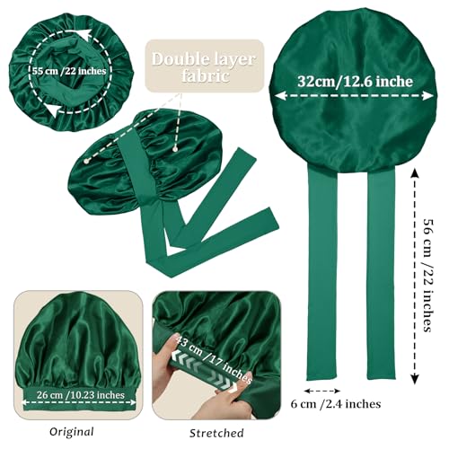 AWAYTR Satin Bonnet for Women Tie Band Hair Bonnet Large 2 Layered Silk Sleeping Cap Nightcap with 3PCS Hair Scrunchies (Green)