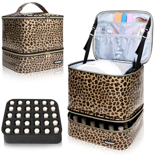PU Leather Nail Polish Organizer Bag Holds 30 Bottles (15ml - 0.5 fl.oz) & Nail Lamp, Portable Nail Kit Storage Carrying Case, Double Layer Nail Supplies Organizer Handbag (Leopard)