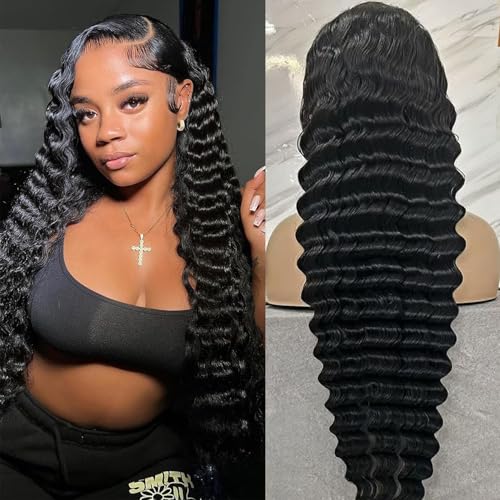 Deep Wave Lace Front Wig 13x6 Soft Remy Virgin Human Hair 180% Density HD Lace Frontal Wigs for Black Women Natural Color Pre Plucked Hairline