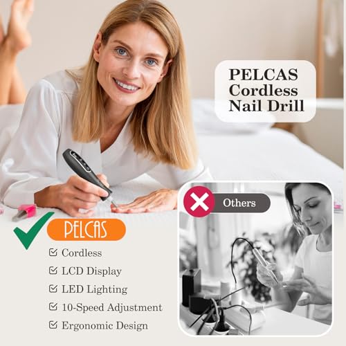 PELCAS Electric Nail Drills, Professional Cordless Nail File Kit with Light, 10 Speeds Manicure & Pedicure Kit for Human, Pet, Thick Toenails, Natural & Acrylic Nails Grey