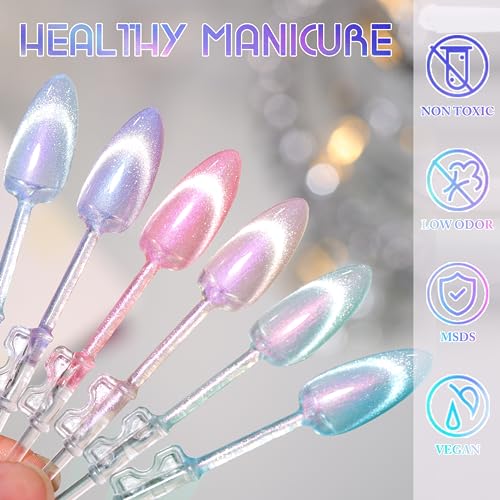 Double Rhythm 6 Colors Cat Eye Gel Polish Set Shimmer Glitter with Magnet Holographic Reflective Magnetic UV Nail Art Kit (6-Kit 11)