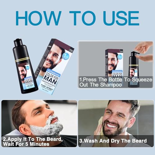 Men's Mustache & Beard Dye for Gray Hair Coverage - Natural Black Color in 5 Minutes, Easy Application Shampoo for Facial Hair 200ml
