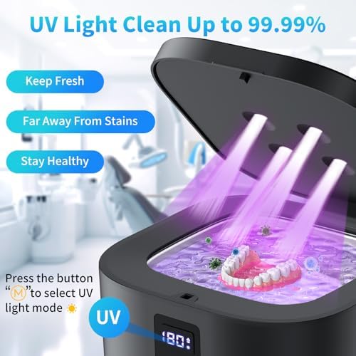 Retainer Cleaner, Ultrasonic Retainer Cleaner Machine 48kHz for Dentures, Mouth Guards, Braces, Toothbrush Heads, Jewelry, Ring Jewelry Cleaner with 300ML Capacity, 4 Modes Clean - Black