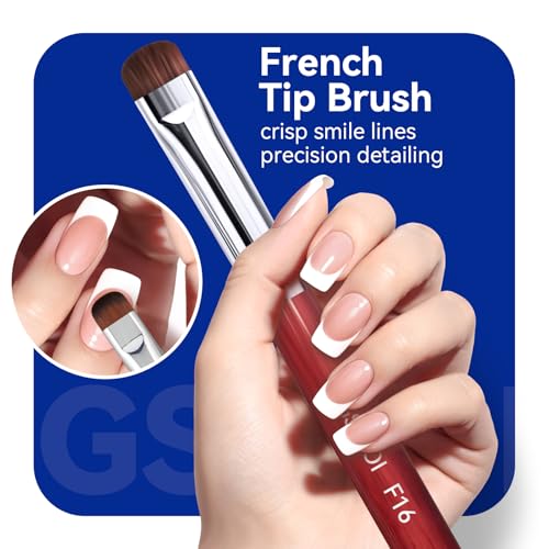 ‌French Brush for Nails & Clean Up Brush for Gel Nail Polish | Dual-Use Wooden Handle Nail Brush for Acrylic, Polygel, Builder Gel | Professional Nail Art Brushes for French Tips, Cleaning (F16)