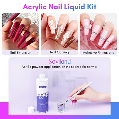 SAVILAND Monomer Acrylic Nail Liquid – 8.11fl.oz Acrylic Liquid with 3PCS Brushes Size（8/10/14) Non-Yellowing Monomer for DIY Home Nail Salon Use