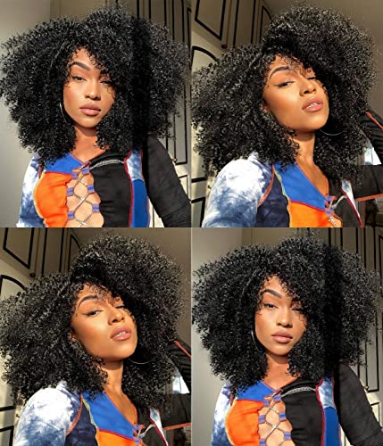 ANNISOUL 16Inch Curly Wigs for Black Women Black Afro Bomb Curly Wig with Bangs Synthetic Fiber Glueless Long Kinky Curly Hair