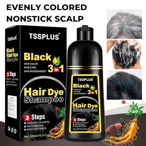 TSSPLUS Black Hair Dye Shampoo, 500ml - Organic Natural Hair Color Dye Shampoo for Women & Men, Instant Gray White Hair Cover, Plant Essence, Semi-Permanent