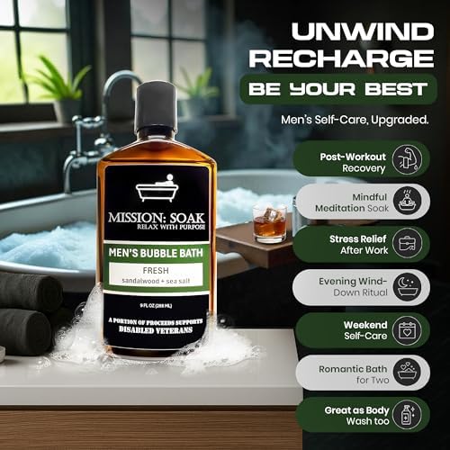 Men’s Luxury Bubble Bath – Sandalwood & Sea Salt Scent | Muscle Recovery, Stress Relief & Skin Hydration | Full-Body Soak with Aloe Vera | 9 fl oz | Supports Disabled Veterans with Every Purchase