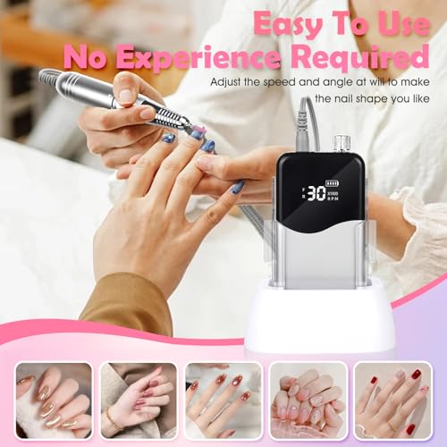 Nail Drill, Portable Rechargeable Tool Kit with 35000RPM Electric Nail File and LED Display for Manicure, Pedicure, Salon, Home, DIY (White)