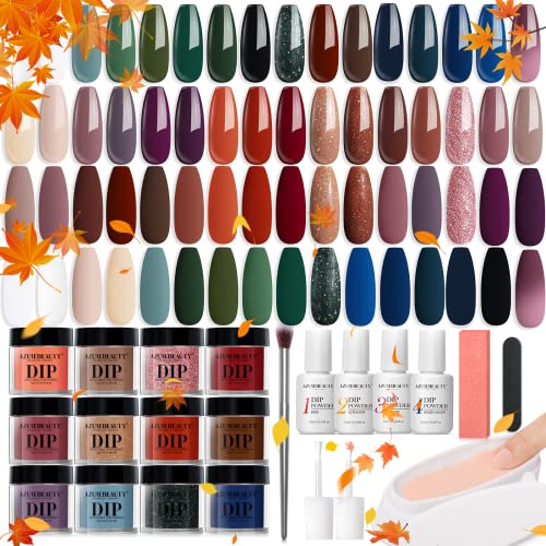 AZUREBEAUTY 42Pcs Dip Powder Nail Kit Starter, 32 Colors All Season Set Green Nude Brown Blue Dipping Powder Set with Top/Base Coat & Recycling Tray for French Art Manicure Salon