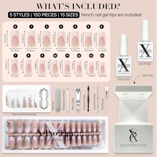 SXC Cosmetics French Tip Press On Nails - Skin Tone Nude and Color Series, Medium Square X-Pro Tips Starter Kit ST117KIT