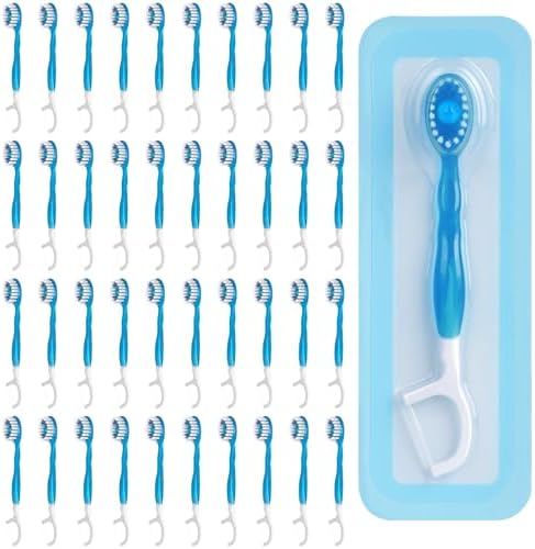 Disposable Mini Travel Toothbrushes, 5-in-1 Pre-Pasted Mini-Brush+Floss+Pick+Tongue Scraper,On The Go Toothbrush with Freshening Bead, Coolmint, 40 Count