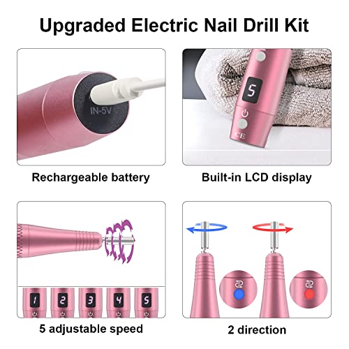 PELCAS Cordless Electric Nail Drill, Professional Portable Manicure Nail Drill Kit 20000RPM Rechargeable 5 Adjustable Speeds LCD Display 11 Attachments for Acrylic Nails, Polishing, Nail Art