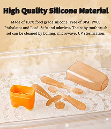 FOKiiBO Baby Silicone Toothbrush Set, Toothbrush + Tongue Brush + Baby Teether + Finger Toothbrush with Cup for Training Teething, 0-18M Infant Toddler Newborn Baby Teeth Brushes (Blue)