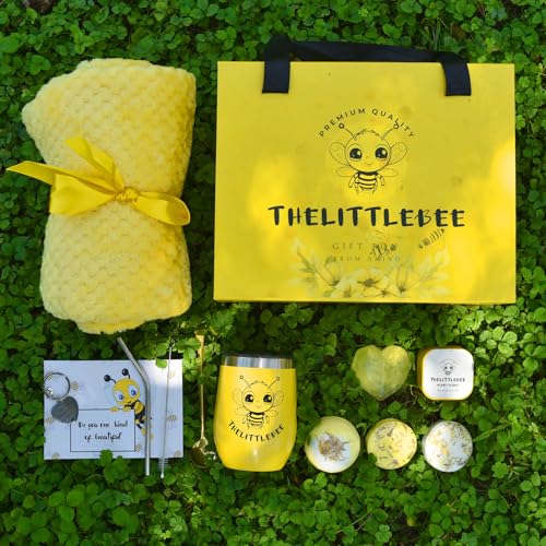 AMIND The Little Bee Yellow Gift Box for Women with Honey Scent Candle and Soap, Chamomile Bath Bomb, Shower Steamers, Cozy Throw Blanket, Yellow Tumbler, Heart Key Chain, Greeting Card and Gift Bag