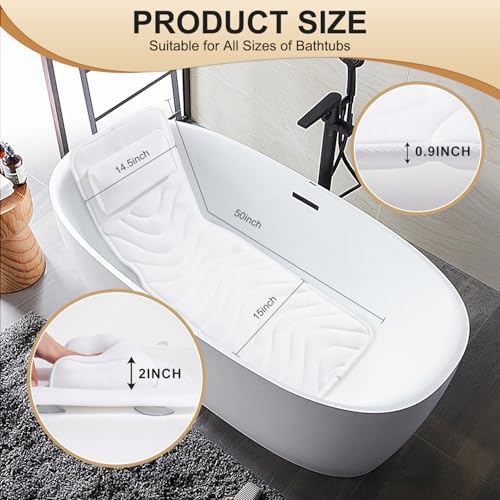 Full Body Bath Pillow for Bathtub, Non-Slip Bath Pillows for Tub, Spa Bathtub Pillow Cushion for Headrest Neck Shoulder and Back Rest Support，Relaxation Spa Accessories-50 x 15" (White)