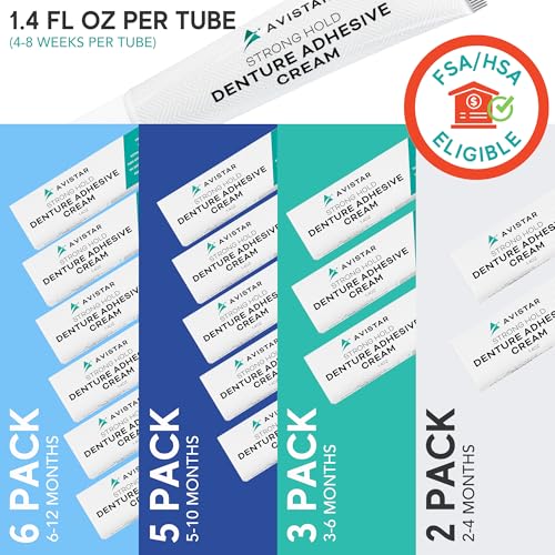 Extra Strong Denture Adhesive Cream, 12 Hour Hold Dental Glue, Waterproof, Zinc & Fluoride Free, Easy Apply Nozzle, Seals Food Out for Comfort, Mint Flavor (2 Pack, 2.8 Fl Oz)