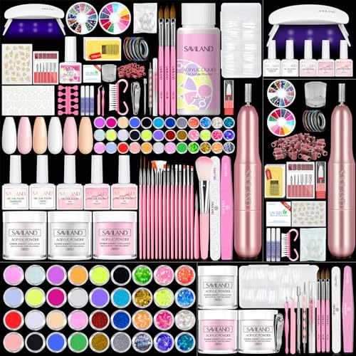 SAVILAND Essentials Acrylic Nail Kit with Everything: Professional Nail Kit Set with Nail Drill U V Nail Lamp Gel Polish Nails Tips for Salon Manicures at Home