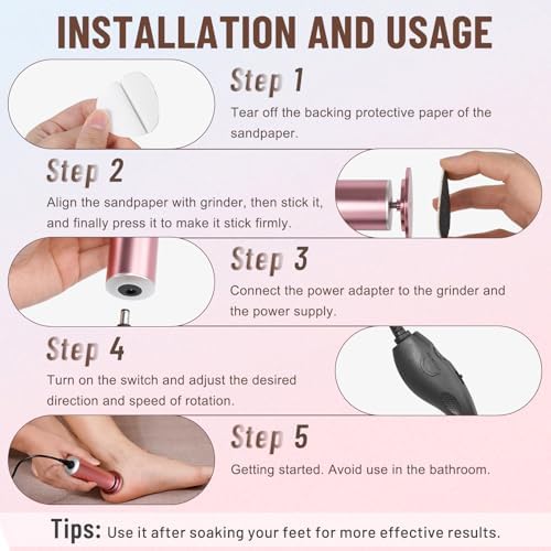 Dermawave Electric Foot File Callus Remover for Feet, Professional Foot Scrubber Sander Grinder for Dead Skin Cracked Heel, Pedicure Tool with 60 Sandpaper Discs for Men & Women