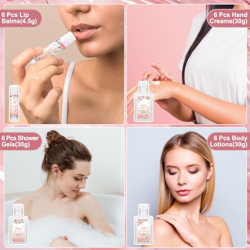 Demissle 6 Sets Baby Shower Game Prizes for Winners Baby Shower Favors Gifts Include Lip Balms Hand Creams Body Lotions Bath Loofah Sponges Gift Bags(Pink Flower)
