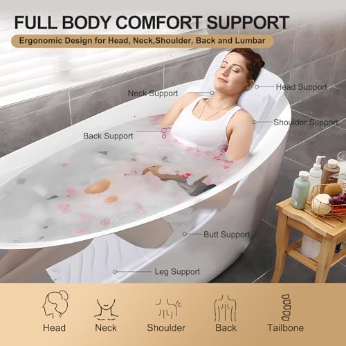 Full Body Bath Pillow for Bathtub, Non-Slip Bath Pillows for Tub, Spa Bathtub Pillow Cushion for Headrest Neck Shoulder and Back Rest Support，Relaxation Spa Accessories-50 x 15" (White)