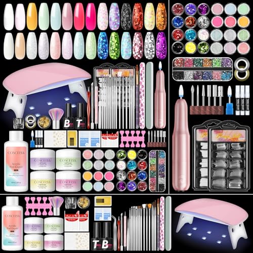 Acrylic Nail Kit with Drill, Pink White Nude Clear 4 Colors Nails Kit Acrylic Set with U V Light Sequin Glitter Decoration Powders Manicure Kits for Home Nail DIY