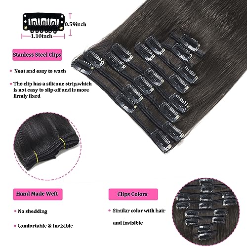 Clip in Hair Extensions Real Human Hair Clip in Extensions Black Women Remy Invisible Natural Straight Seamless 8pcs Double Weft #1B 16 Inch 2.8oz/80g