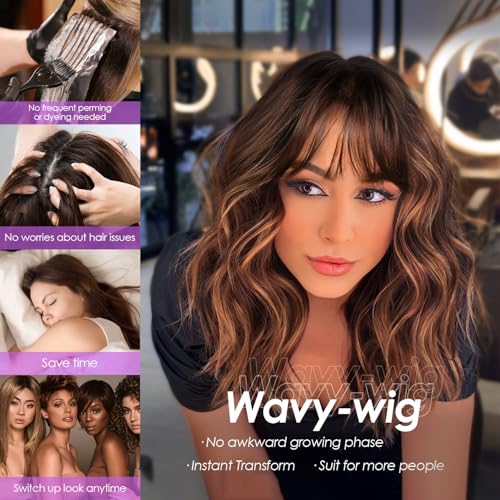 Short Wavy Bob Wig with Bangs Caramel Reddish Brown Curly Hair Wigs for Women Realistic Shoulder Length Style Synthetic Heat Resistant Wig for Everyday Hairstyle 16 Inch