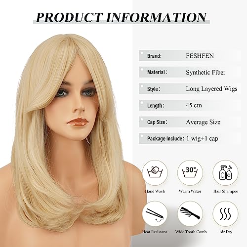 FESHFEN Blonde Wigs with Bangs, Synthetic Natural Looking Light Blonde Long Layered Straight Hair Wig for Women Daily Party Use 18 inch