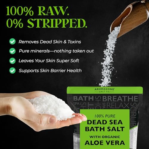 Aromasong Dead Sea Salt with Organic Aloe Vera, Spa Bath Salts, 19 Lbs Fine Bulk resealable Pack, 100% Pure & Natural, Soak for Women & Men for Tired Muscles & Skin Issues (Packaging May Vary)