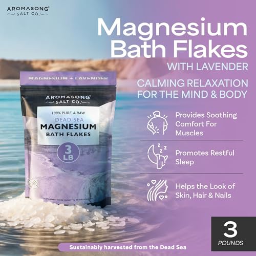 Aromasong RAW Magnesium Bath Flakes with 100% Natural Lavender, 3 LB Muscle Relaxing Organic Salts Mg Chloride, Mineral Soak. (Packaging May Vary)