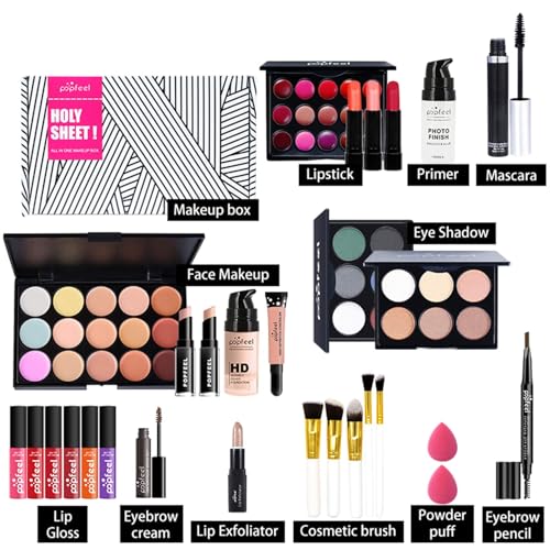 All-in-one Makeup Set Holiday Gift | Full Makeup Kit for Women Essential Starter Bundle Include Eyeshadow Palette Lipstick Blush Cream Concealer Face Powder Eyeliner Mascara Lipgloss Brush
