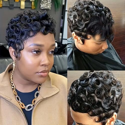 Pixie Cut Wigs for Black Women Pixie Cut Wig Human Hair Short Layered Wigs Full Machine Made Short Haircut Wig Glueless with Bangs Natural Color 1B